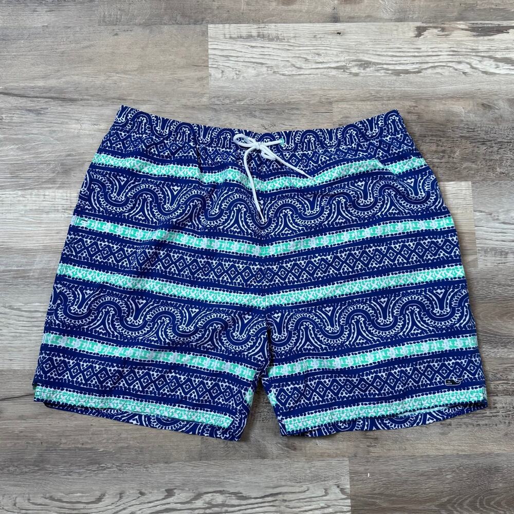 Vineyard Vines Swim Shorts Blue Green Paisley Print Drawstring Preppy XXL